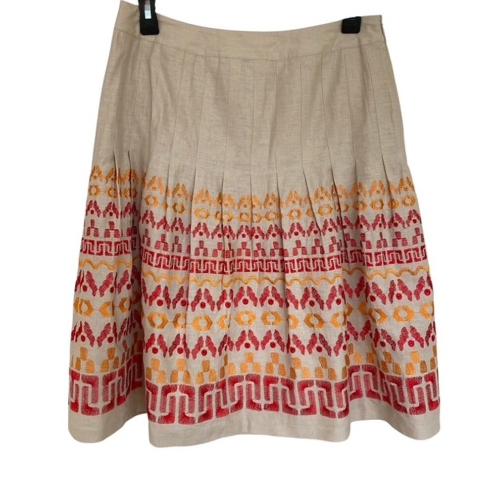 Peter Nygard Beige Linen Blend Pleated Embroidered Design Skirt - Size 8